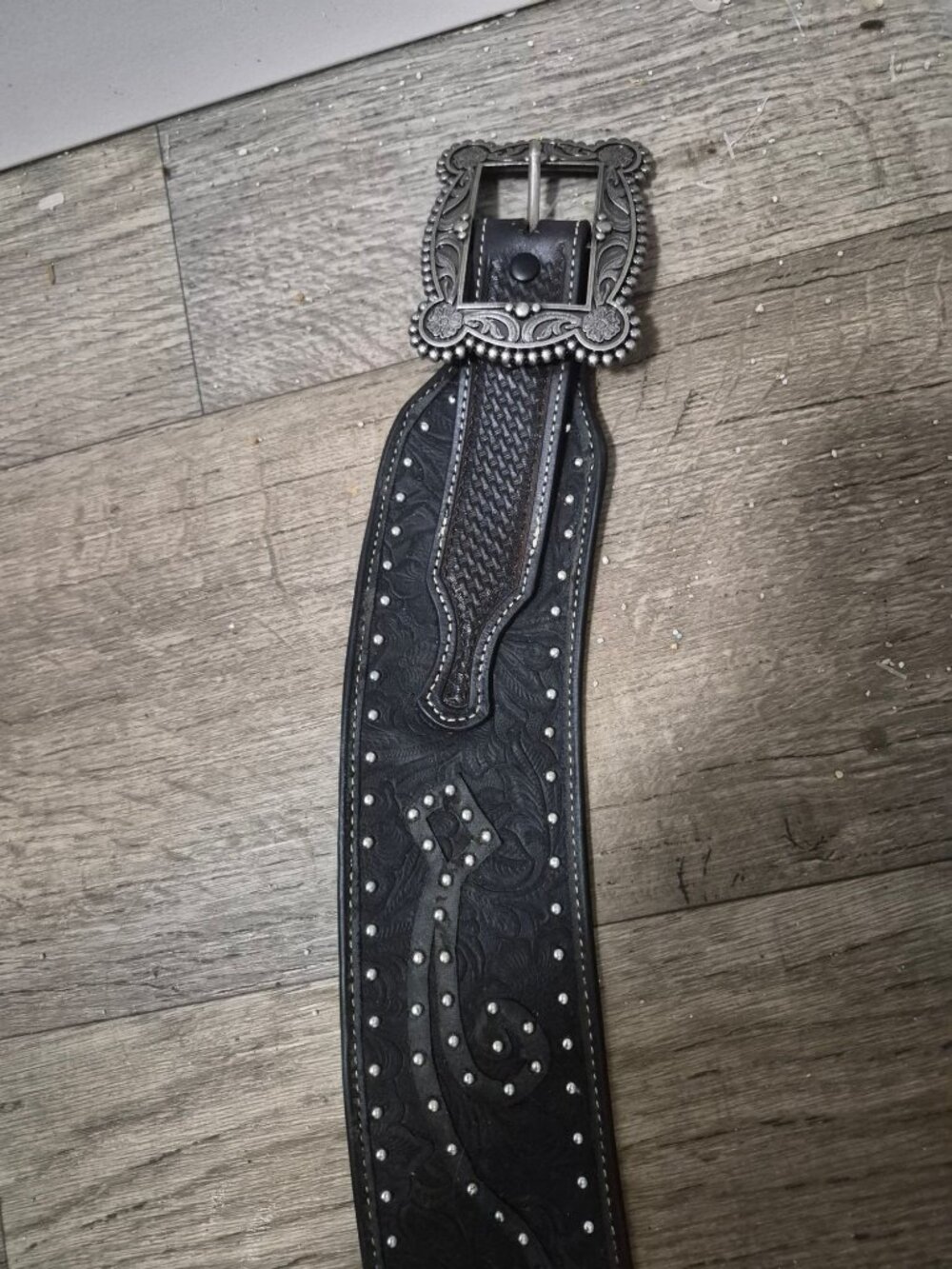 Roper Black Western Leather Hip Belt Ornate Silver Buckle Studded Floral Design